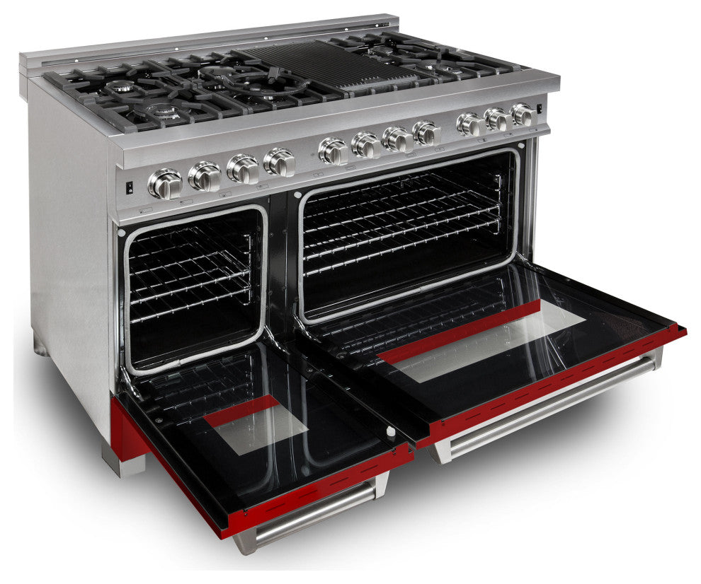 ZLINE 48" Dual Fuel Range, DuraSnow With Red Matte Door RAS-RM-48