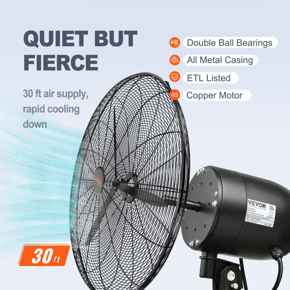 VEVOR Industrial Wall Mount Fan Oscillating Metal Fan 3 Speed, 30"œ Waterproof