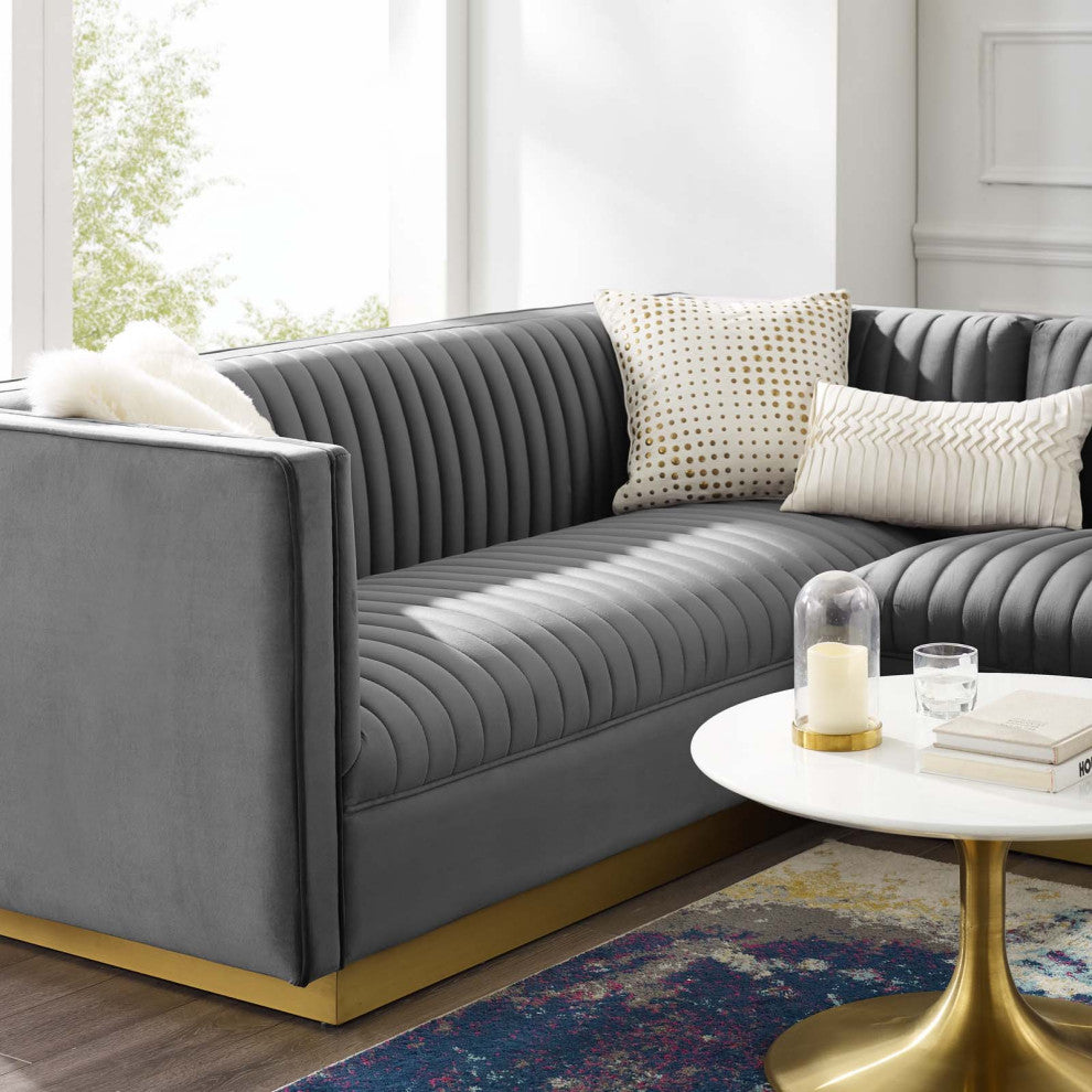 Sectional Sofa Set, Velvet, Gray, Modern, Living Lounge Hotel Hospitality