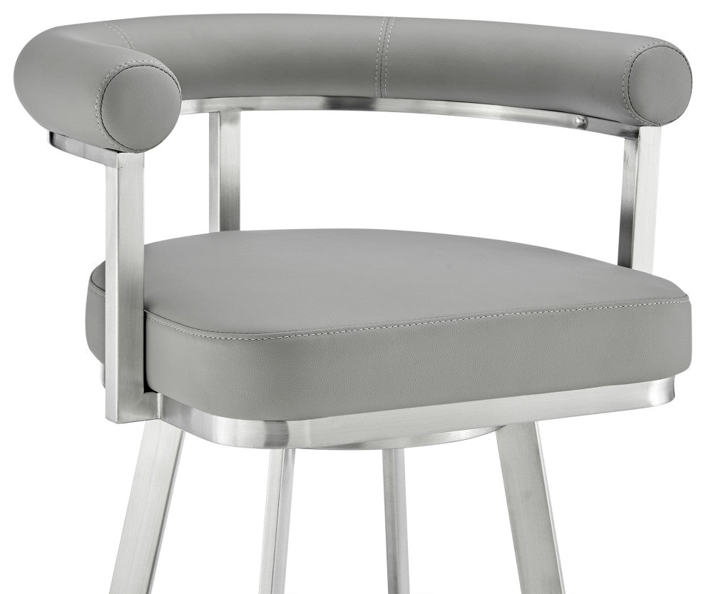 Nolagam Swivel Bar Stool, Brushed Stainless Steel With Light Gray Faux Leather