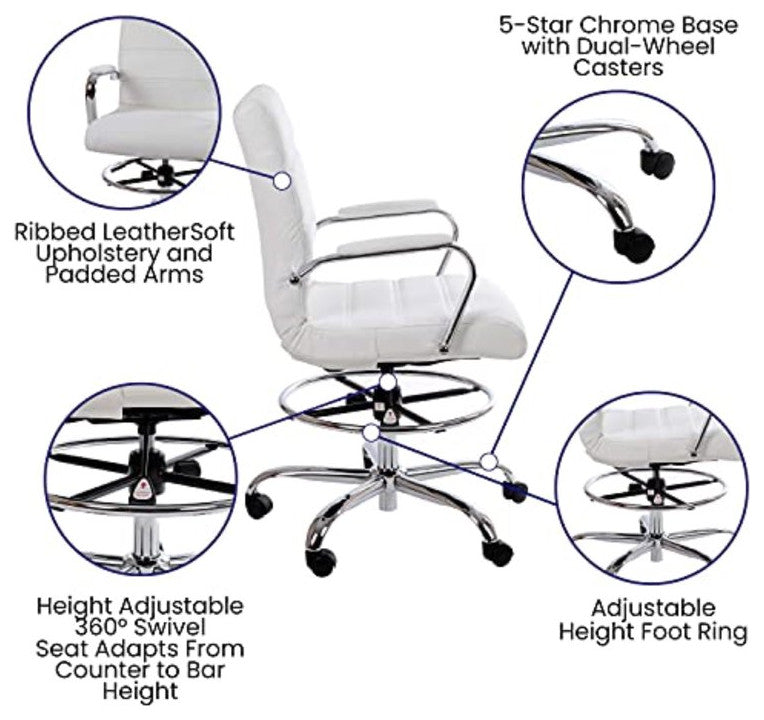 Swivel Office Chair, Comfortable Faux Leather Back & Adjustable Footrest, White