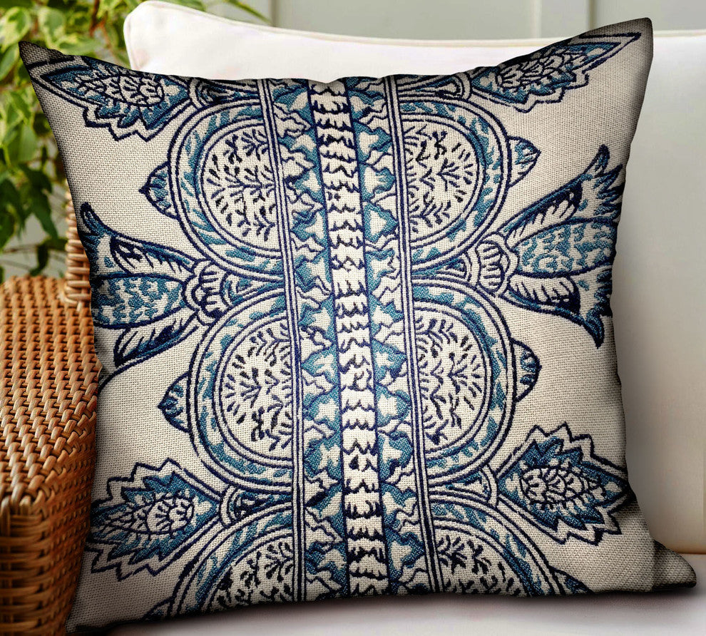 Aristocratic Floret White/ Blue Paisley Outdoor/Indoor Pillow, 20"x20"