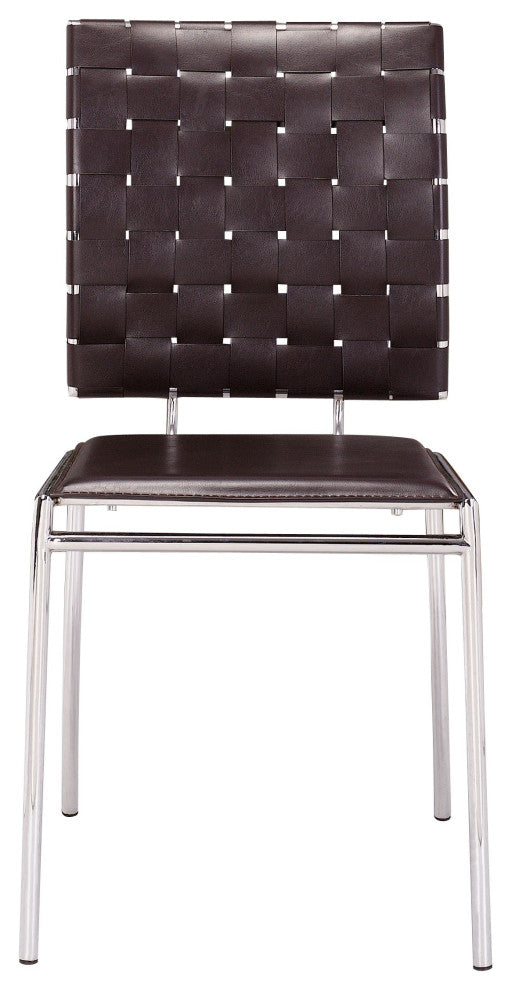 Set of Four Brown Faux Leather and Steel Modern Basket Weave Dining Chairs