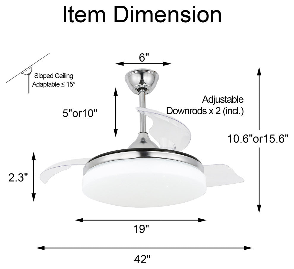 42" Reversible Ceiling Fan with Retractable Blade and Led Light 36W, Chrome, 42"