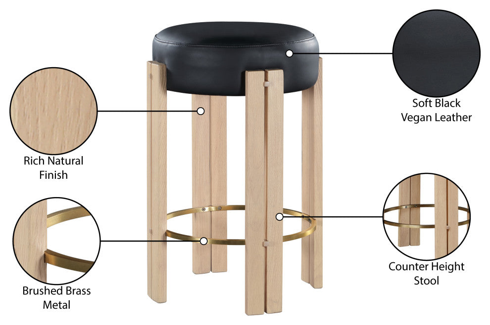 Harrison Upholstered Counter Stool, Black, Natural Finish