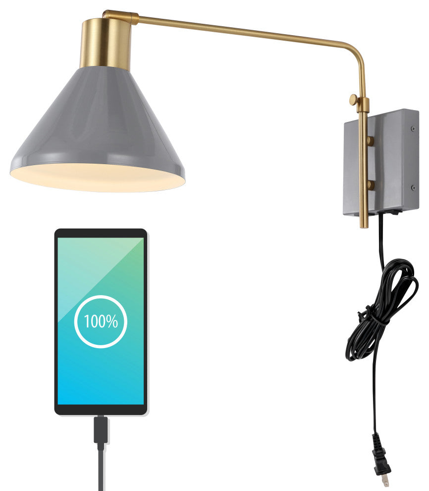 Max Swing Arm 1-Light Modern Midcentury Iron USB Charging Port LED Sconce, Gray