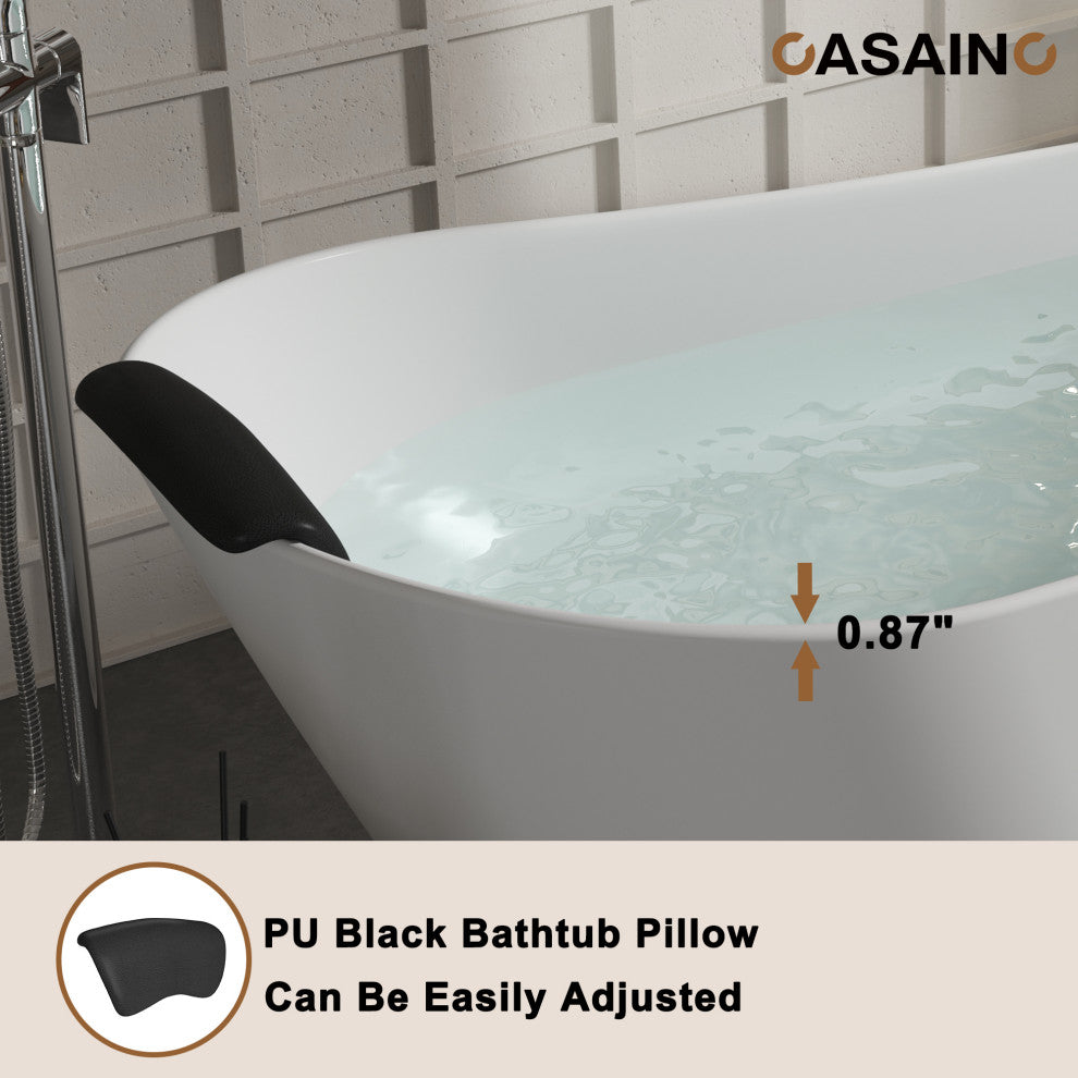 59in White Solid Surface Freestanding Soaking Bathtub with Drain, 59in