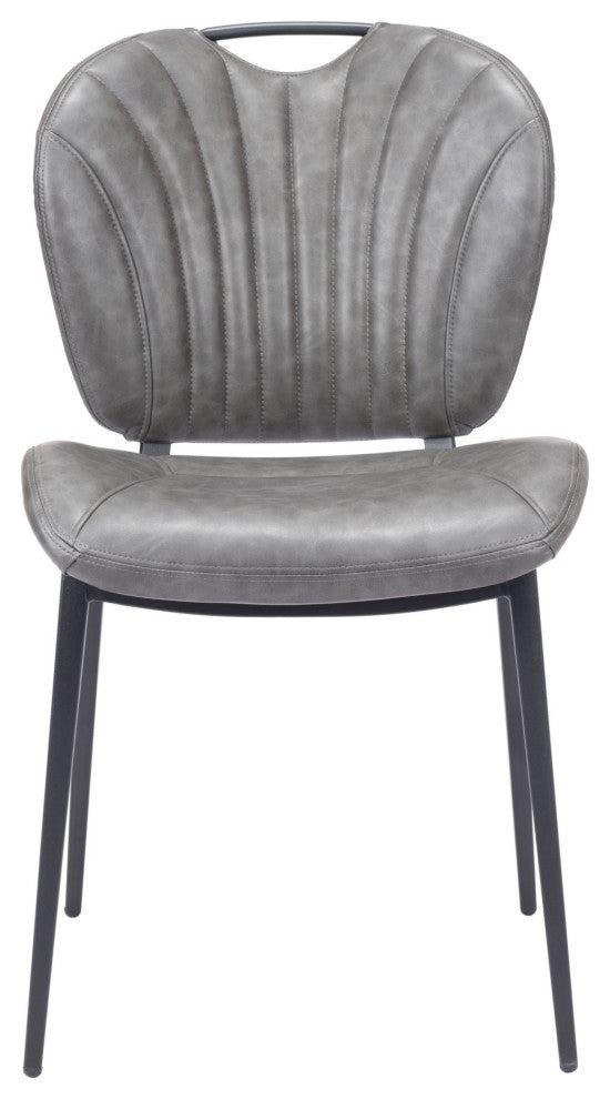 Dining Chair, Set of 2, Faux Vinyl Leather, Steel, Vintage Gray, Black