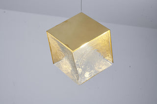 1-Light Brass Cubed Pendant With A Clear Distorted Glass Shade