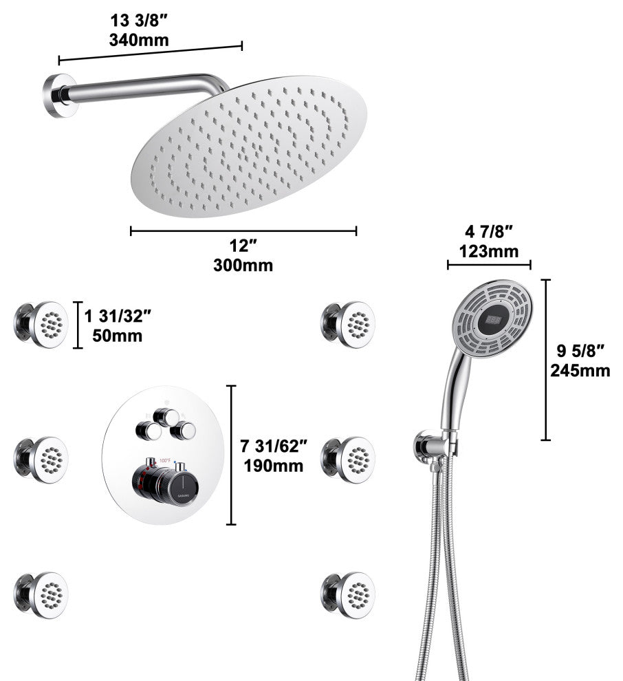 12" Luxury Shower System Set with Handheld Spray & 6 Body Jets, Chrome