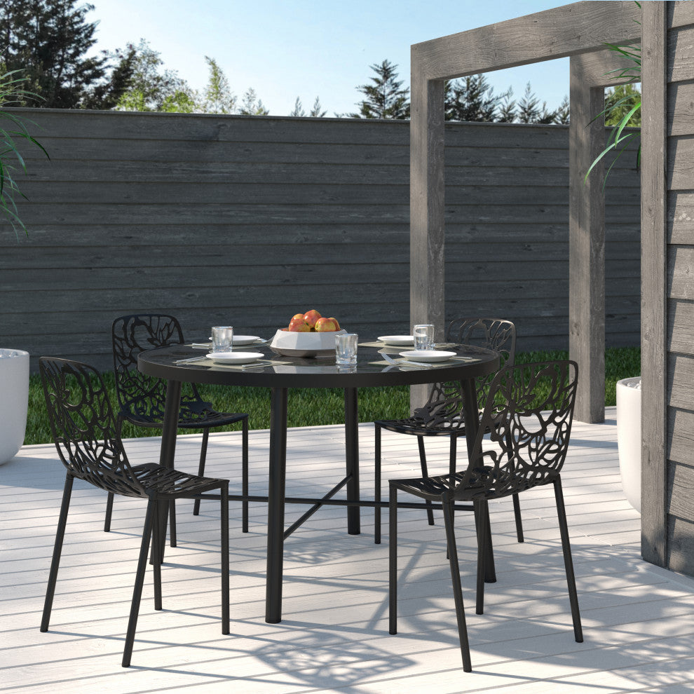 LeisureMod Devon Modern Outdoor Stackable Aluminum Dining Chair, Set of 4, Black