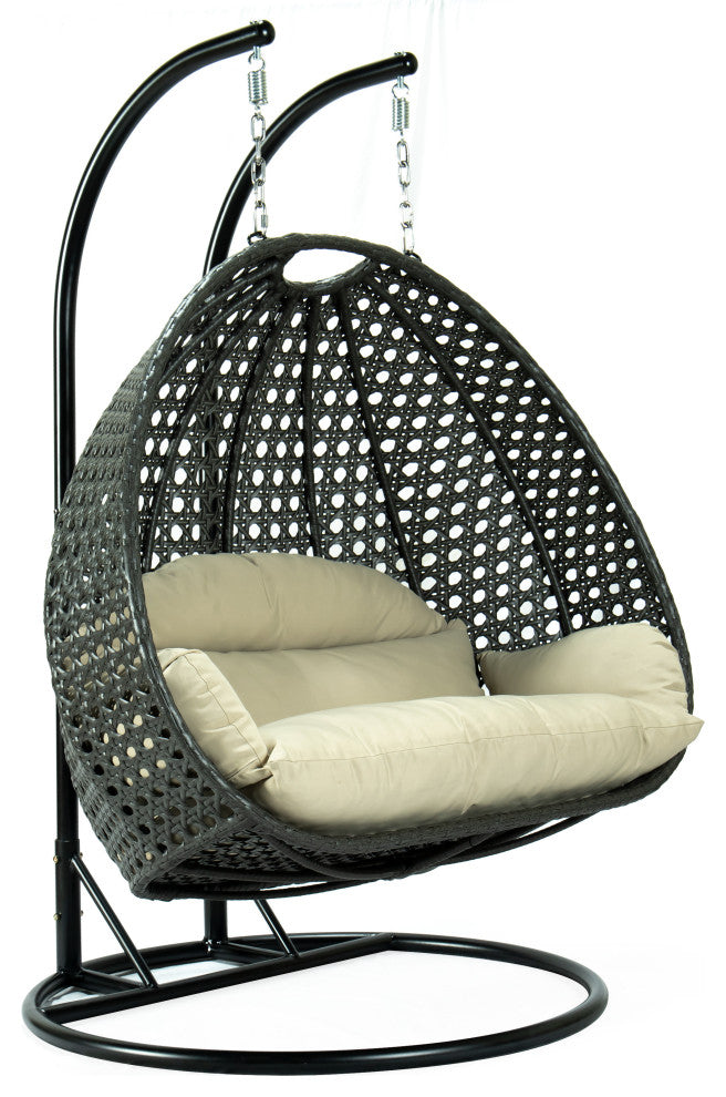2 Person Charcoal Wicker Double Hanging Egg Swing Chair, Taupe