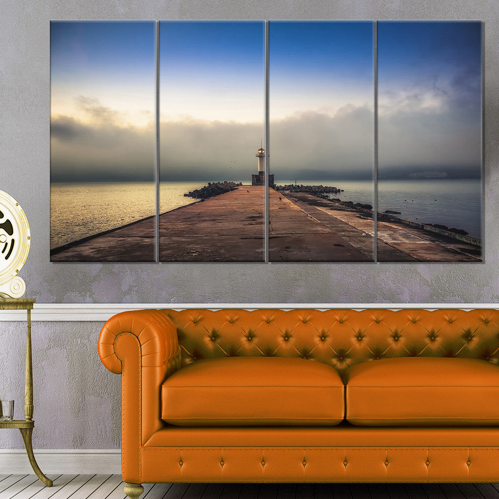 Lighthouse on Coast and Cloudy Sky, Modern Canvas Print, 48"x28", 4 Panels