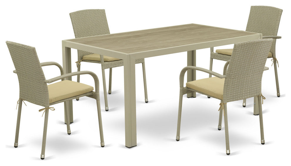 5Pc Outdoor- Natural Color Wicker Dining Set, Patio Table, 4 Armchair