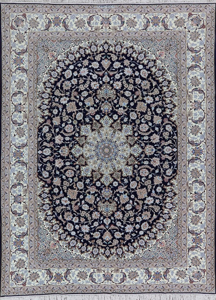 Blue/Ivory Persian Isfahan Wool & Silk Rug, 8'4"x11'3"