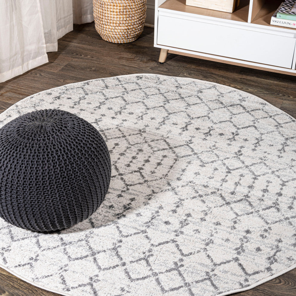 Moroccan HYPE Boho Vintage Diamond Runner Rug, Cream/Gray, 6' Round