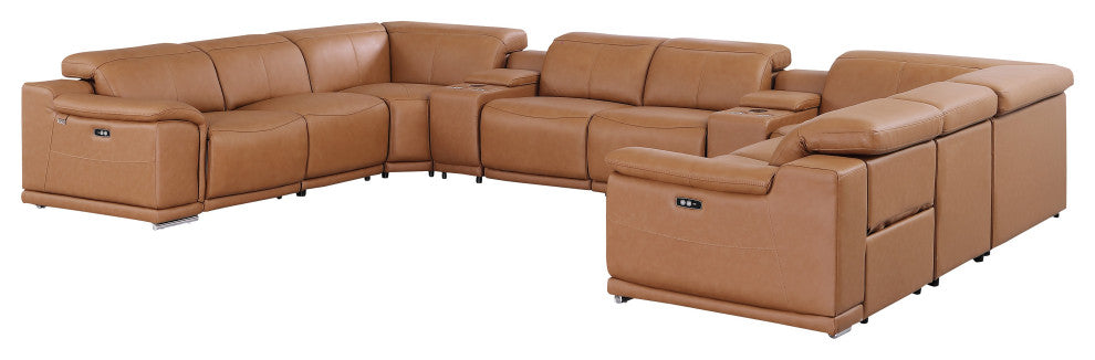 Federico10-Piece Top Grain Italian Leather Sectional-4 Power Recliners, Cognac