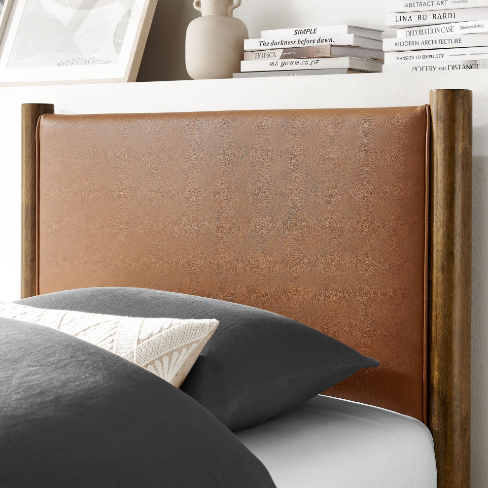 Maven Twin Size Vegan Leather Upholstered Platform Bed, Tan Walnut