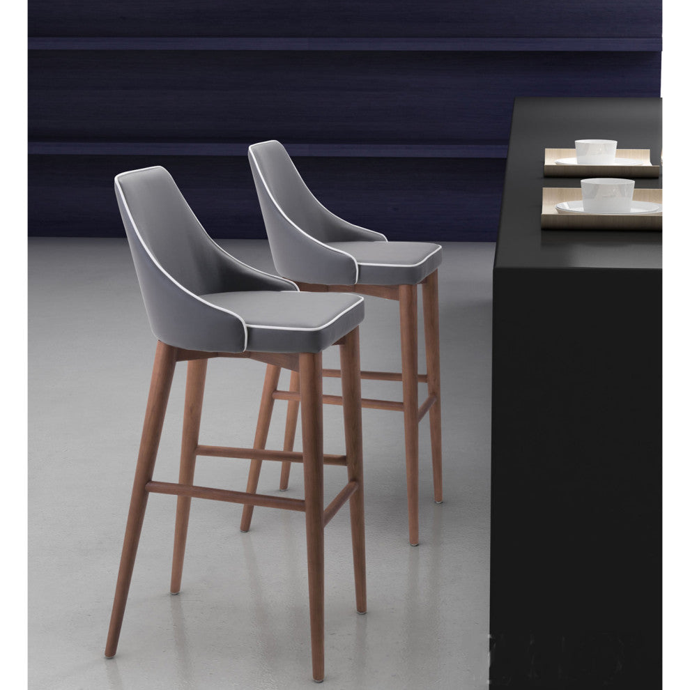 Contemporary Wood Faux Leather High Back Bar Stool , Dark Gray