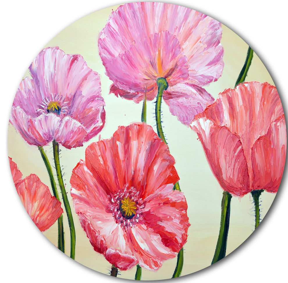 Red And Pink Poppies, Floral Disc Metal Wall Art, 11"