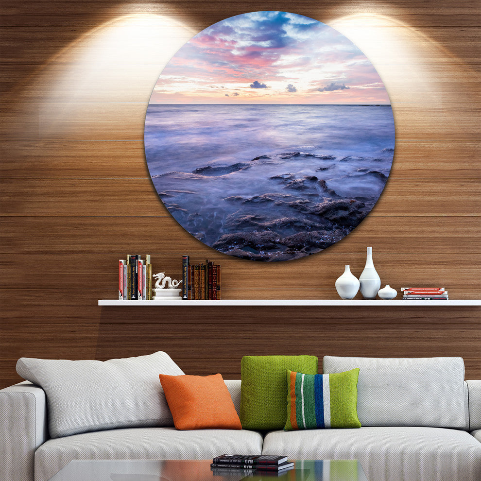 Long Exposure Twilight Sea Rocks, Beach Round Wall Art, 36"