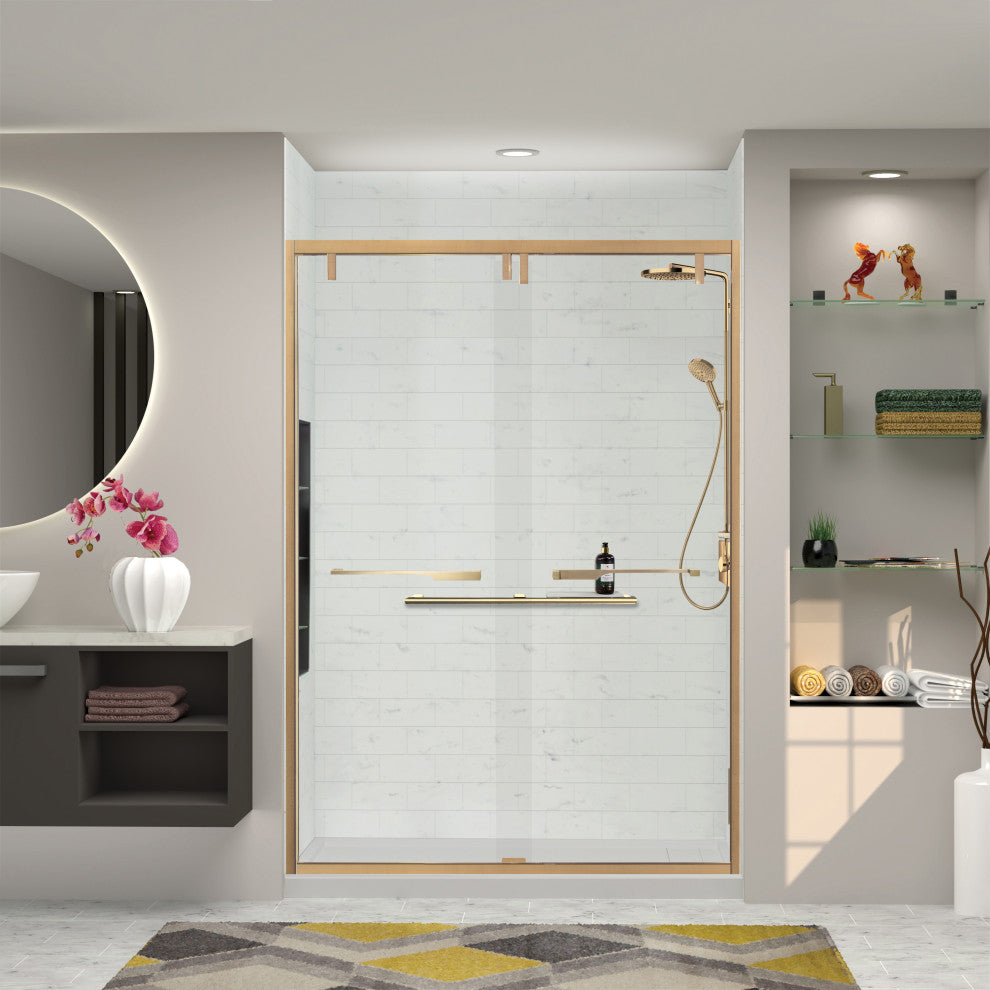 Eden 56-60" W x 80" H Shower Door, Clear Glass, Champagne Bronze, Justin