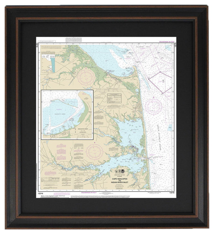 Poster Size Framed Nautical Chart; Cape Henlopen to Indian River