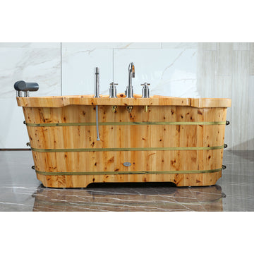 61" Free Standing Cedar Wood Bath Tub With Chrome Tub Filler