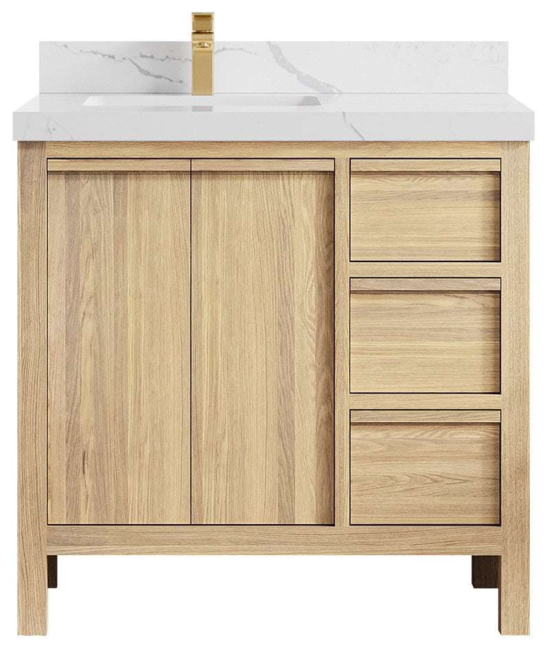 Elizabeth Oak 36" Left Offset Sink Vanity, White 2" Calacatta Laza