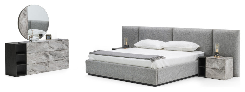 Nova Domus Maranello Gray Bed and 2 Nightstands, Queen
