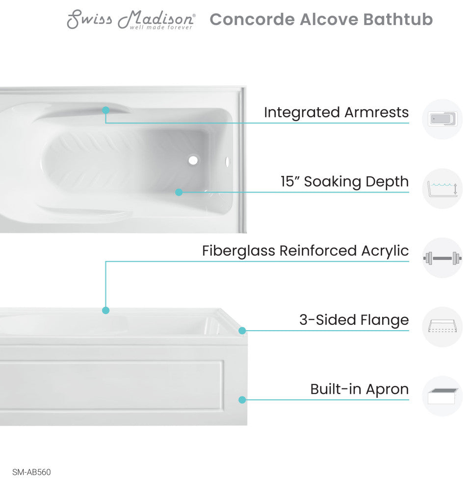 Concorde 60"x32" Acrylic, Alcove, Left-Hand Drain
