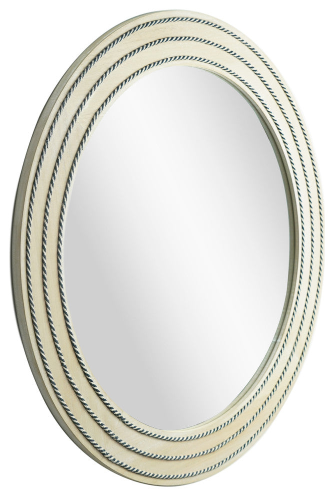 Rustic Neutral Wood Framed Round Wall Mirror With Inlaid Rope
