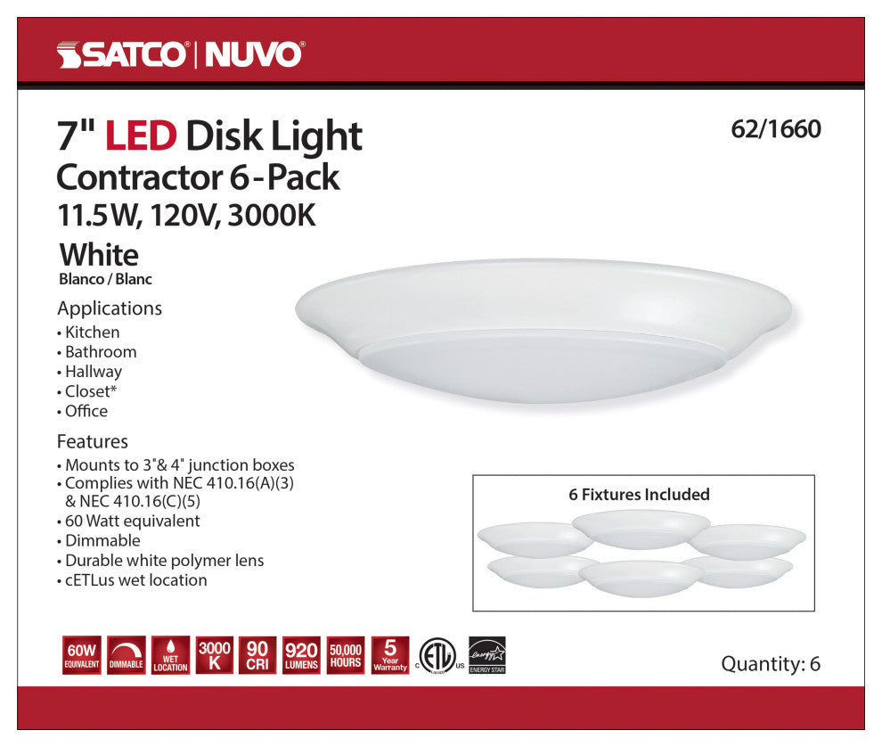 7 inch - LED Disk Light - 3000K - 6 Unit Contractor Pack - White Finish