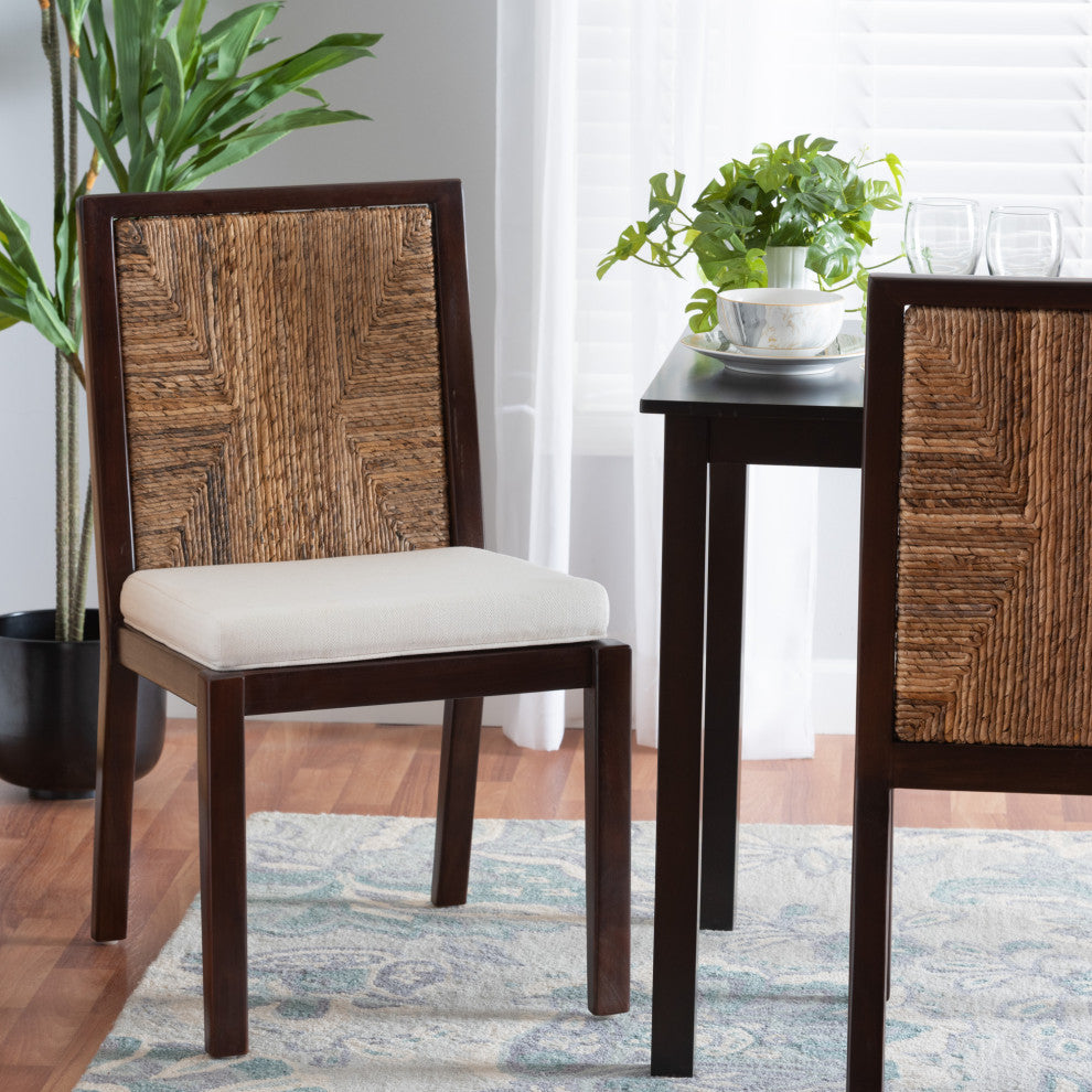 Joana Bohemian Dark Brown Mahogany Wood and Natural Abaca Dining Side Chair