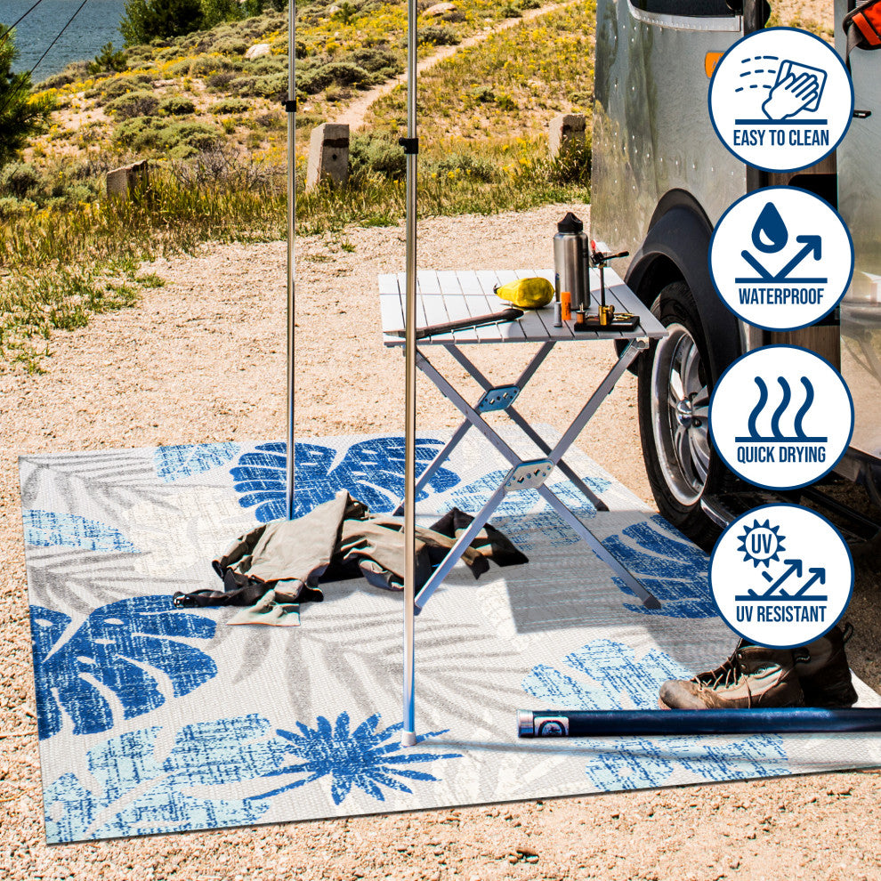 Monstera Tropical Leaf High-Low Indoor/Outdoor Area Rug, Light Gray/Navy, 2 X 8