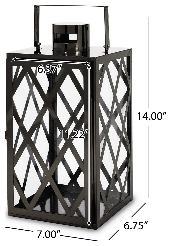 Cecil Outdoor 14" Modern Stainless Steel Lantern, Black