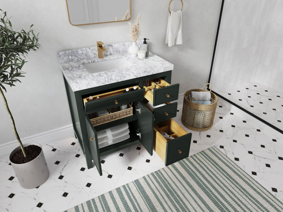 Sonoma 36 Left Offset Reeded  Bath Vanity in Dark Forest Green 2" Carrara Quartz