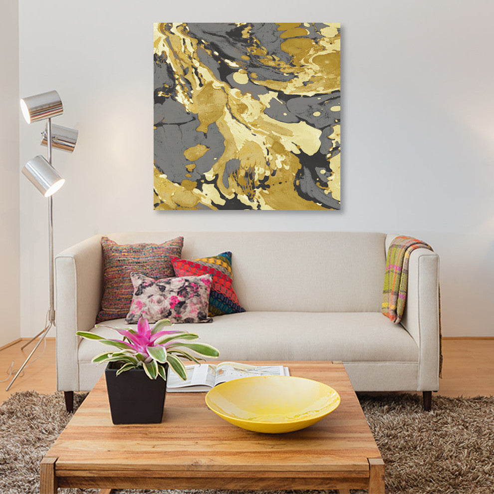"Marbleized In Gold And Grey I" by Danielle Carson, Canvas Print, 26"x26"