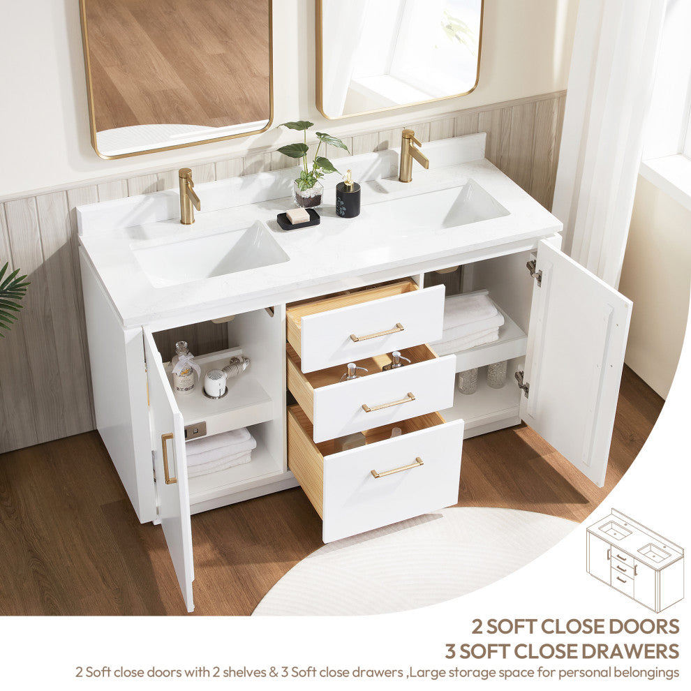 San Bath Vanity with Stone Top, White, 60" Double Sink, Double Vanity, No Mirror