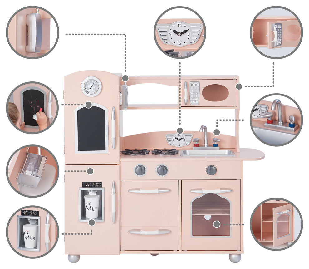 Wooden Play Kitchen Cooking Playset, Pink