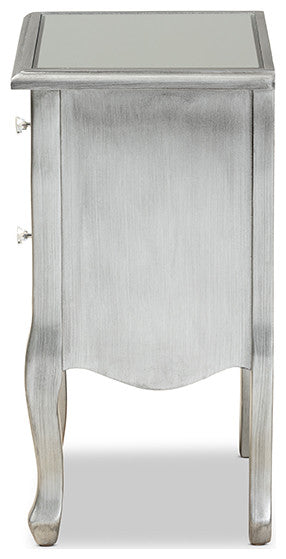French Brushed Silver Finished Wood and Mirrored Glass 2-Drawer Nightstand