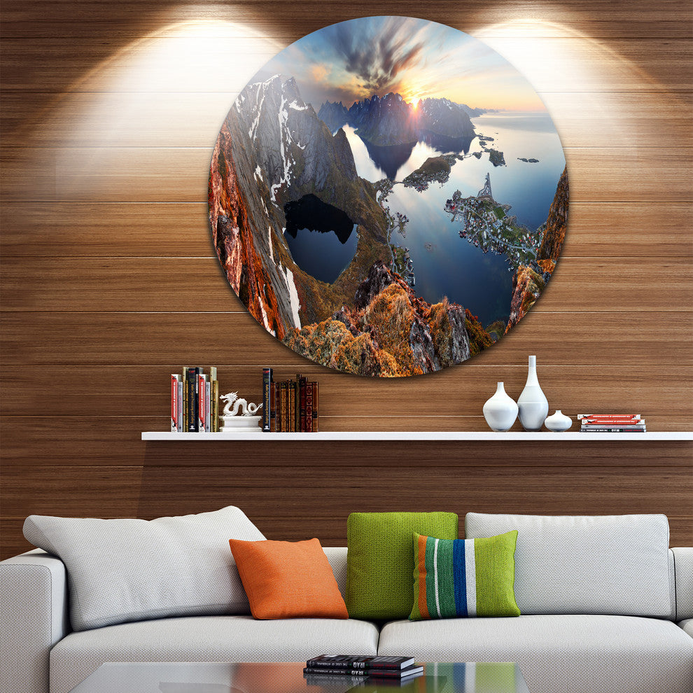 Sunset At Rocky Mountains Norway, Landscape Round Metal Wall Art, 23"