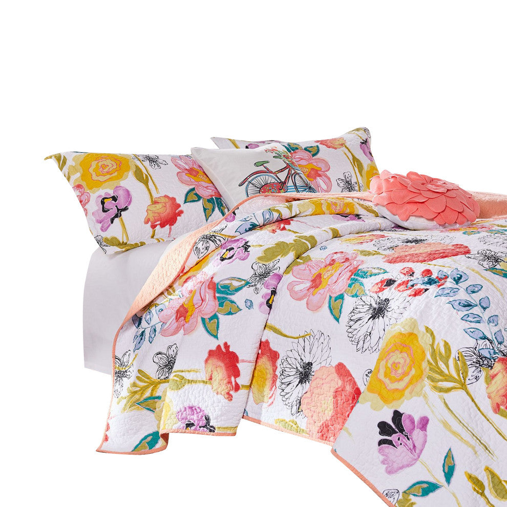 Benzara BM280417 Mavi 4 Piece Reversible Twin Quilt Set, Floral Print
