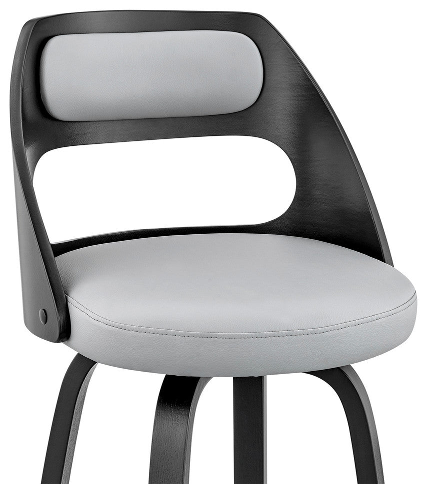 26" Gray and Black Faux Leather and Iron Swivel Counter Height Bar Chair