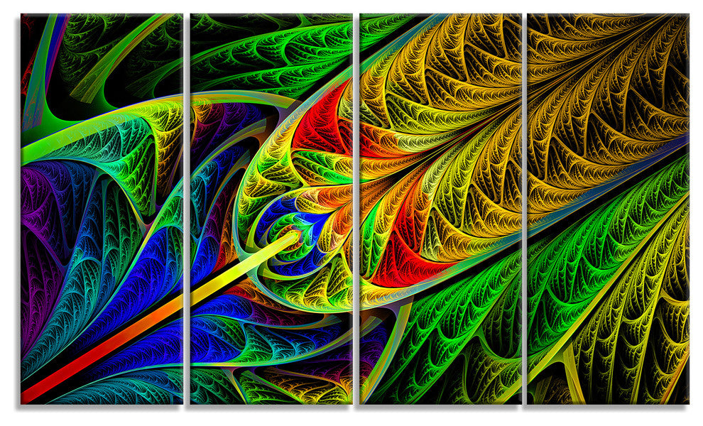 Stained Glass with Glowing Designs, Abstract Wall Art Canvas, 48"x28", 4 Panels