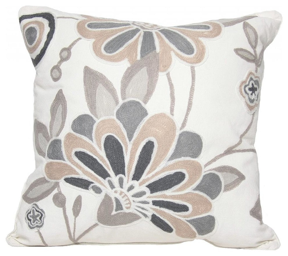 Crewel Embroidered Flora Feather Filled Decorative Pillow, Blue, 18x18