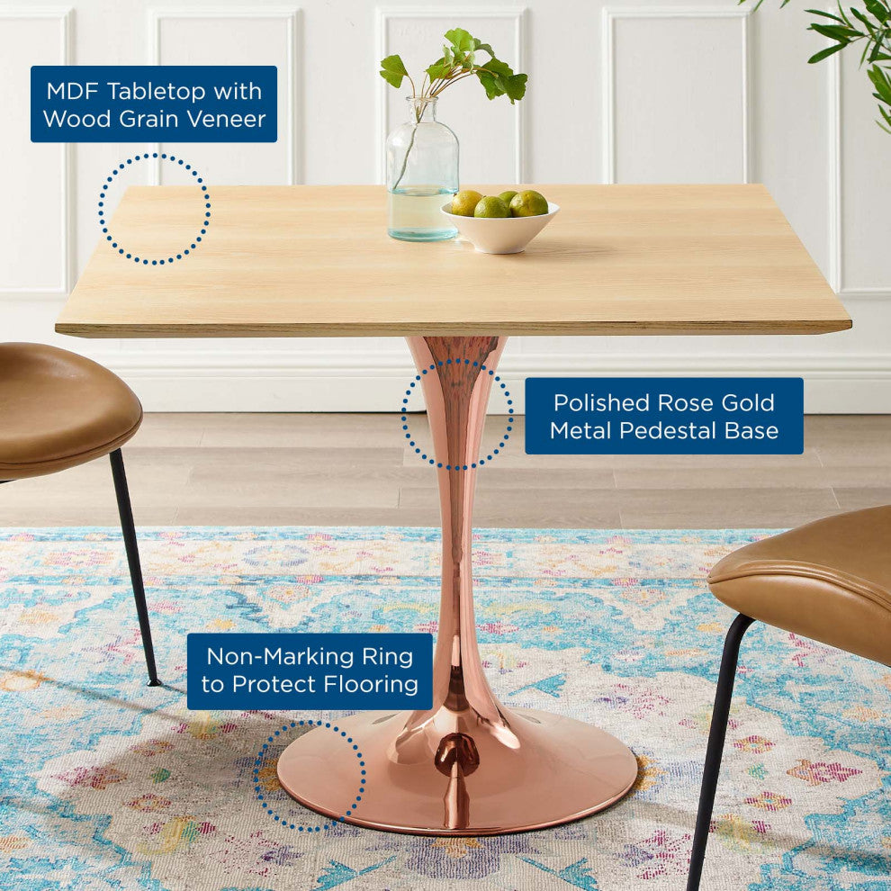Dining Table, Square, Wood, Rose Gold Brown Natural, Modern, Bistro Restaurant