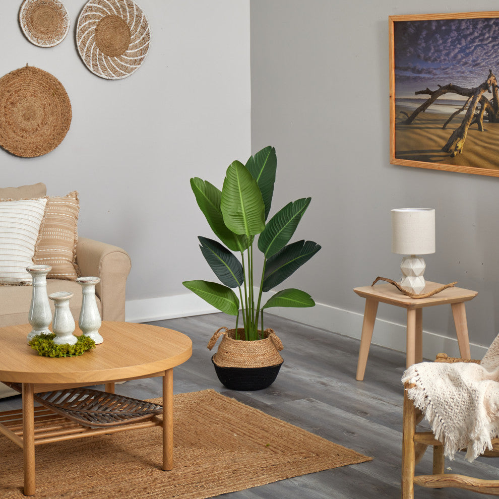 4' Travelers Palm Faux Tree Boho Chic Handmade Cotton & Jute Black Woven Planter