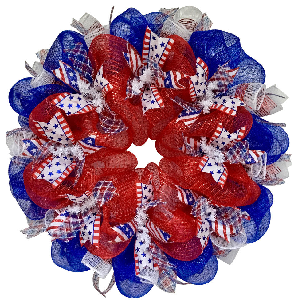 Three Cheers For The Red White And Blue Patriotic Ribbon Deco Mesh Wreath, 28 In