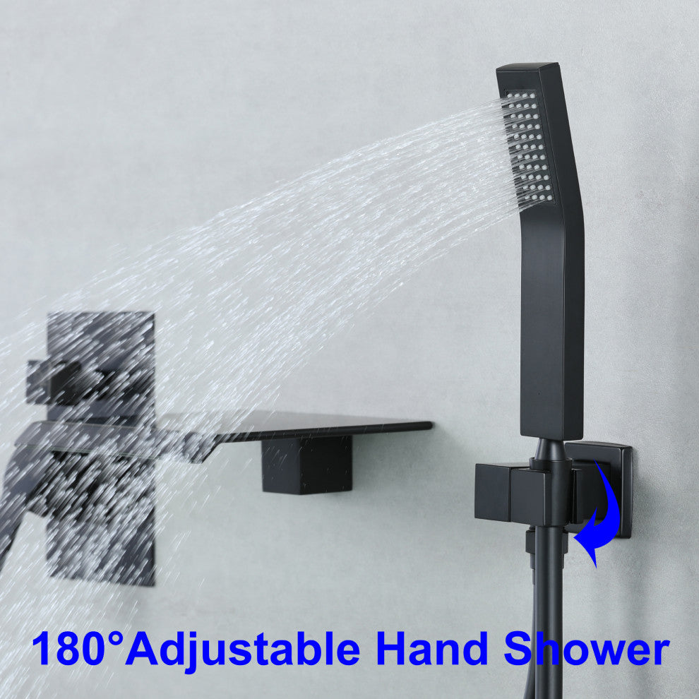 Wellfor Shower Faucet Set, Waterfall Tub Spout and Hand Shower, Black